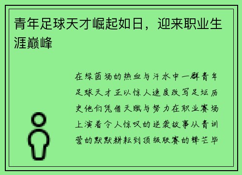 青年足球天才崛起如日，迎来职业生涯巅峰